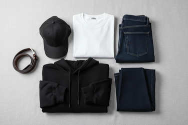 create me a gift set that has a black cap in the picture with a white tshirt and a black hoodie and a belts and plain black jeans and plain blue jeans 