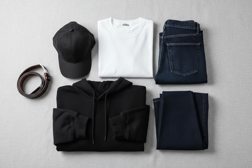 create me a gift set that has a black cap in the picture with a white tshirt and a black hoodie and a belts and plain black jeans and plain blue jeans 